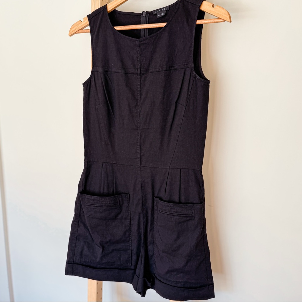 Theory Black Linen Blend Sleeveless Romper Size 00 Minimal Chic Pockets